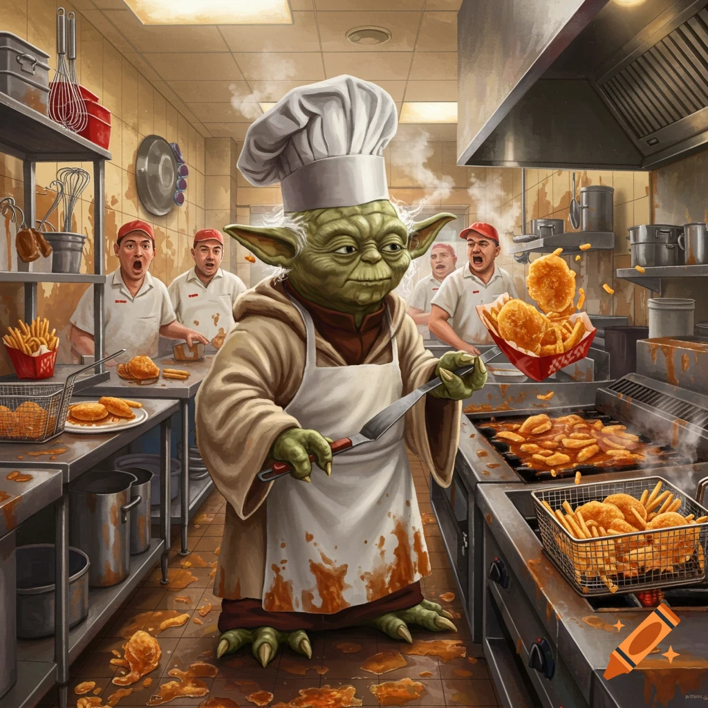 Yoda, wearing a chef's hat and apron, works as a fry cook in a chaotic, greasy kitchen with other cooks.