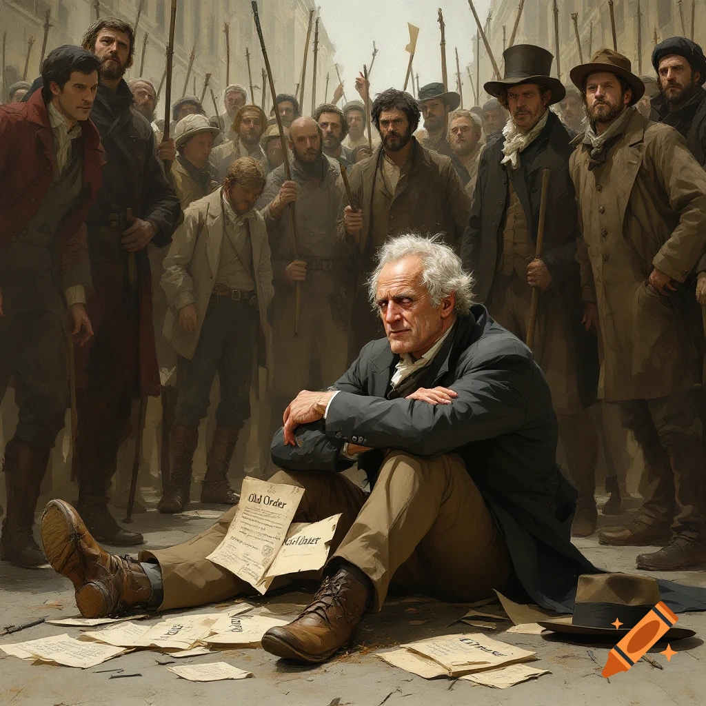 Painting of an old man sitting defeated among papers, a crowd of men with sticks behind him.