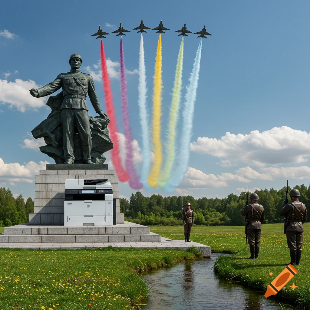Photorealistic image of a statue with a large HP copier on its pedestal, guarded by soldiers, as jets fly overhead with rainbow contrails.