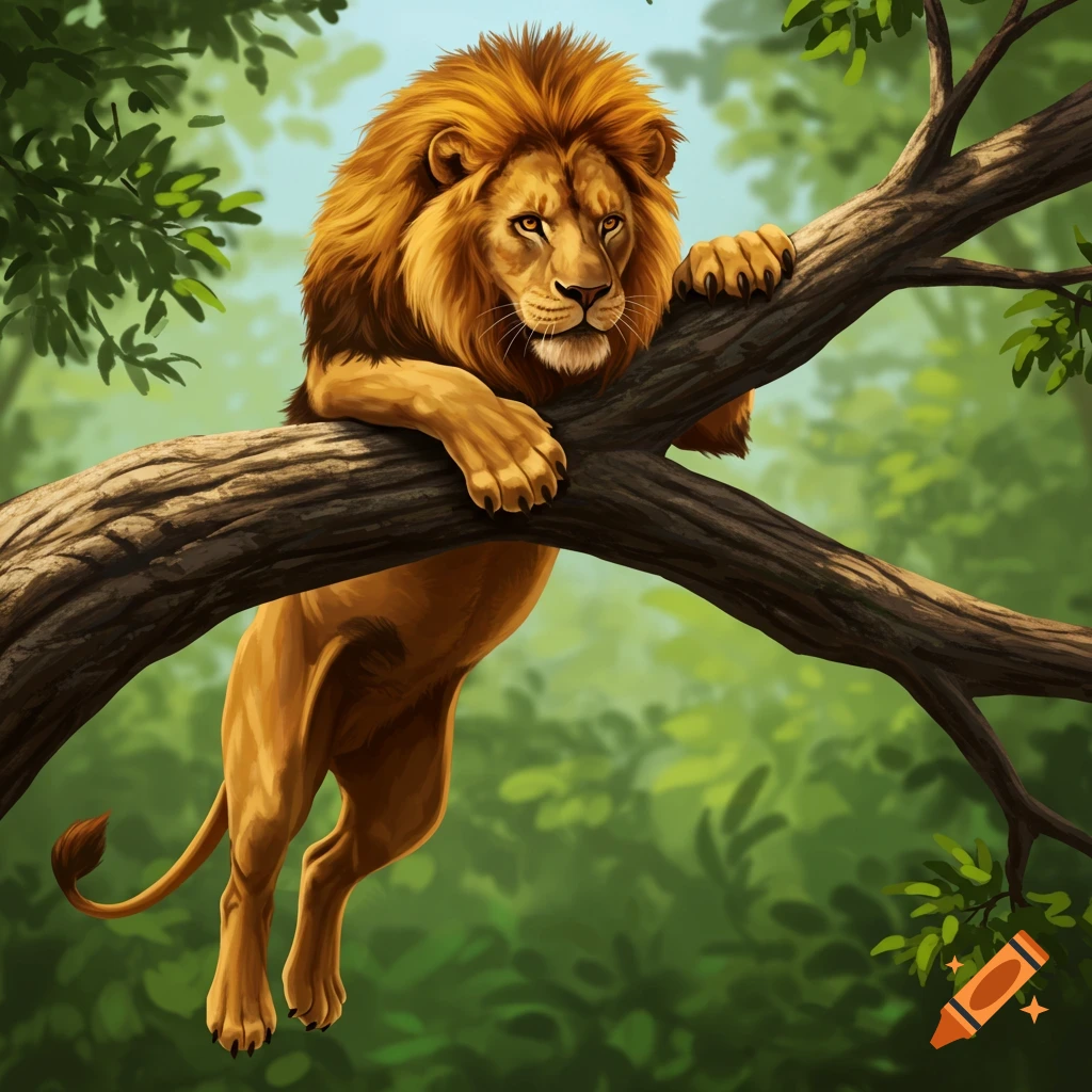 Lion swinging from a tree with its front paws