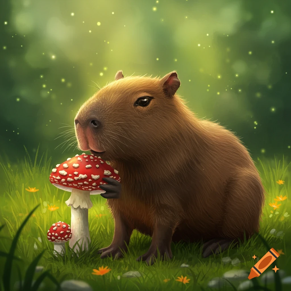 A cute capybara holds a red mushroom in a sunny forest clearing with fireflies.