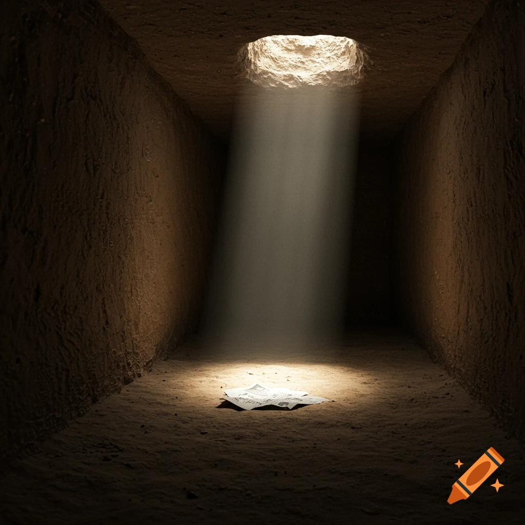 Dark cell with a beam of light shining on a crumpled paper on the ground