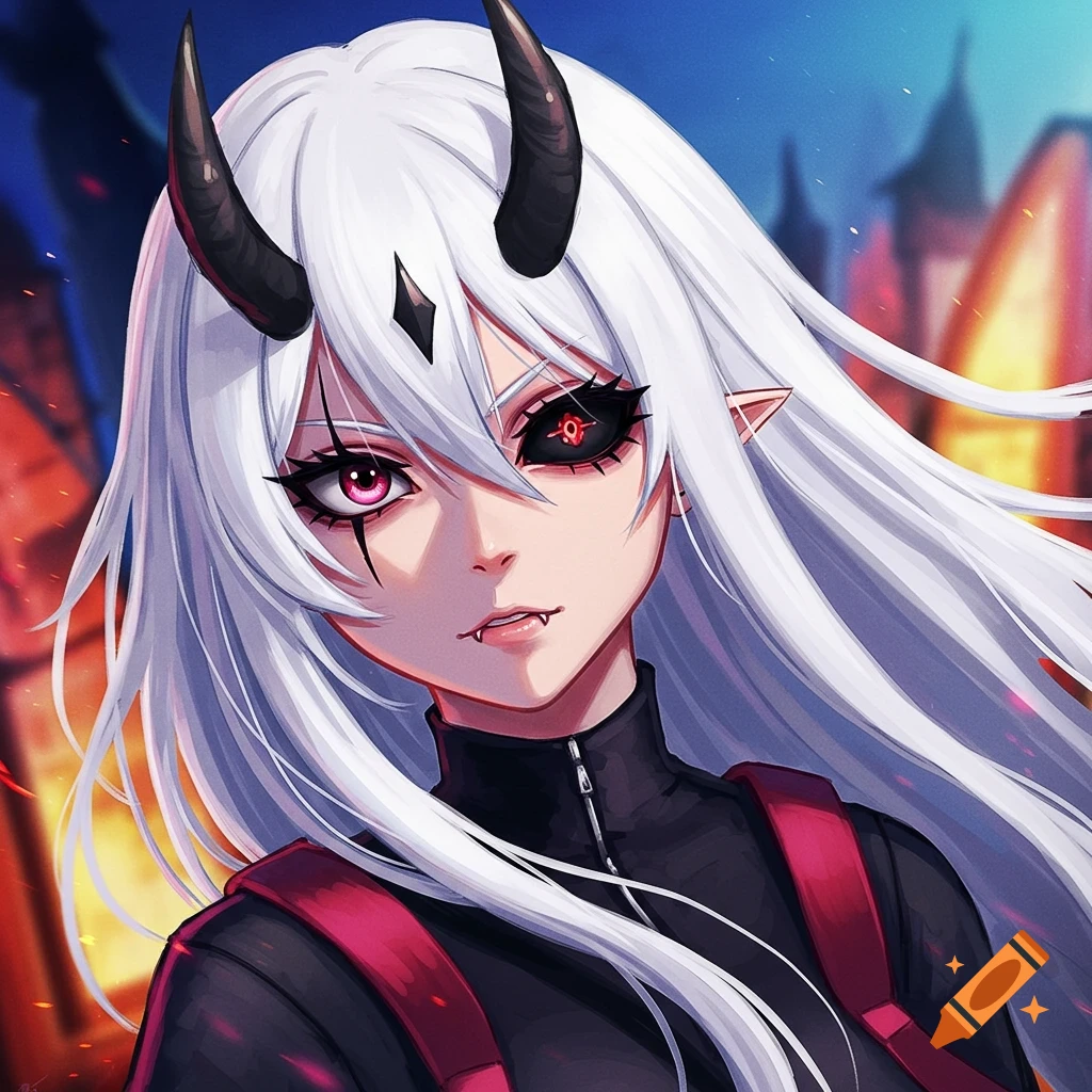 Anime girl with white hair, black horns, and different colored eyes in a dark fantasy setting.
