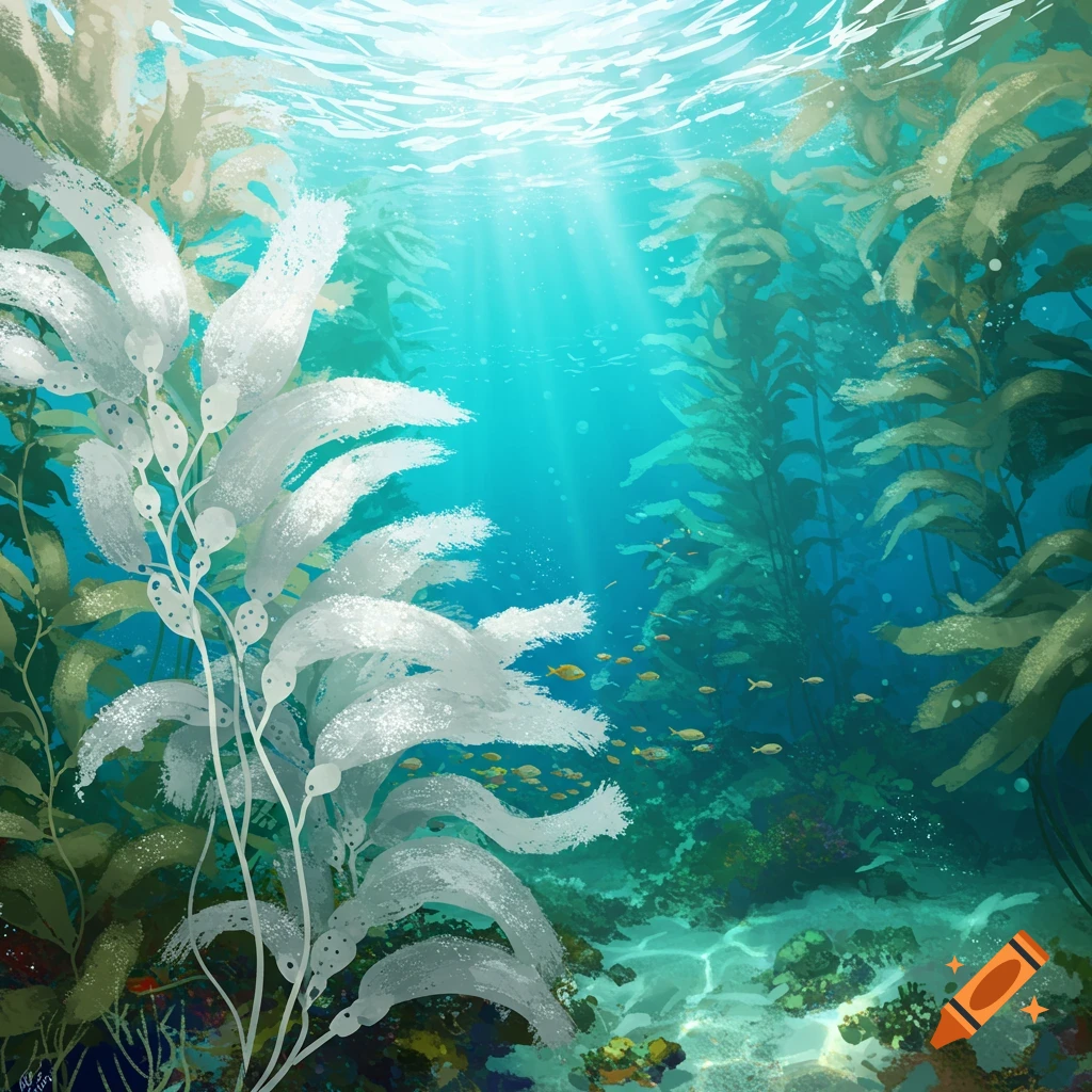 Stylized illustration of a sunlit underwater kelp forest with fish.