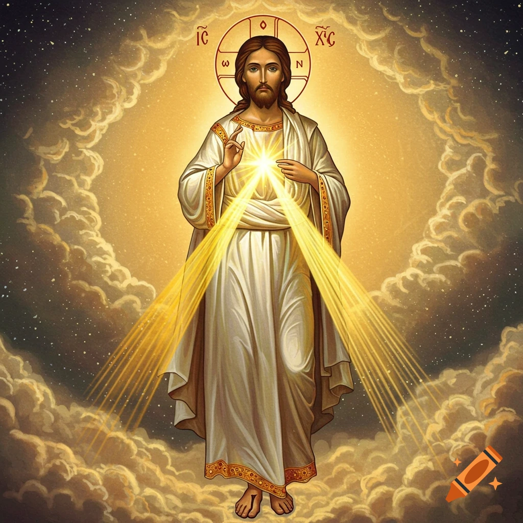 Iconographic depiction of Jesus Christ surrounded by clouds and golden light rays.