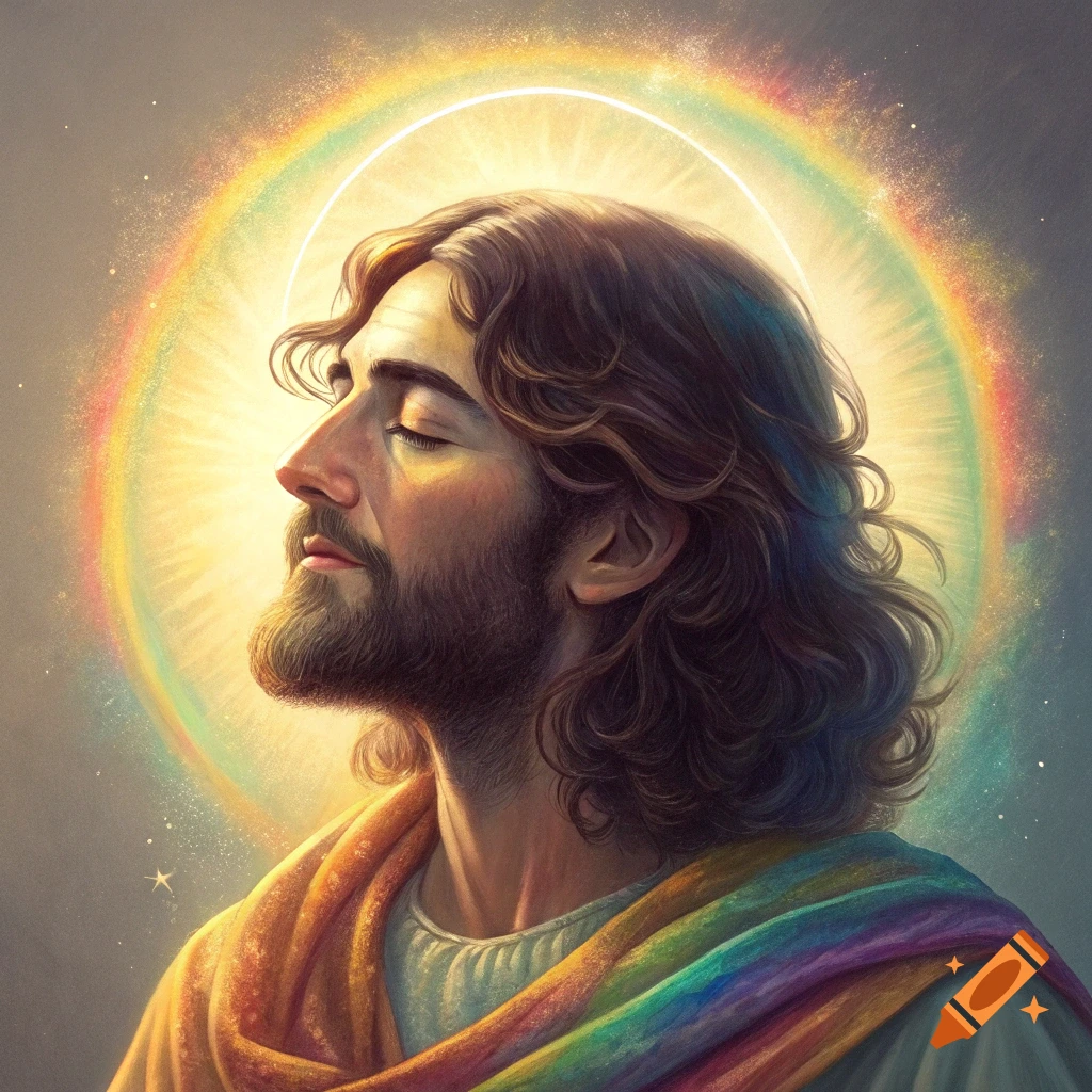 Illustration of Jesus with a rainbow-colored aura and halo.