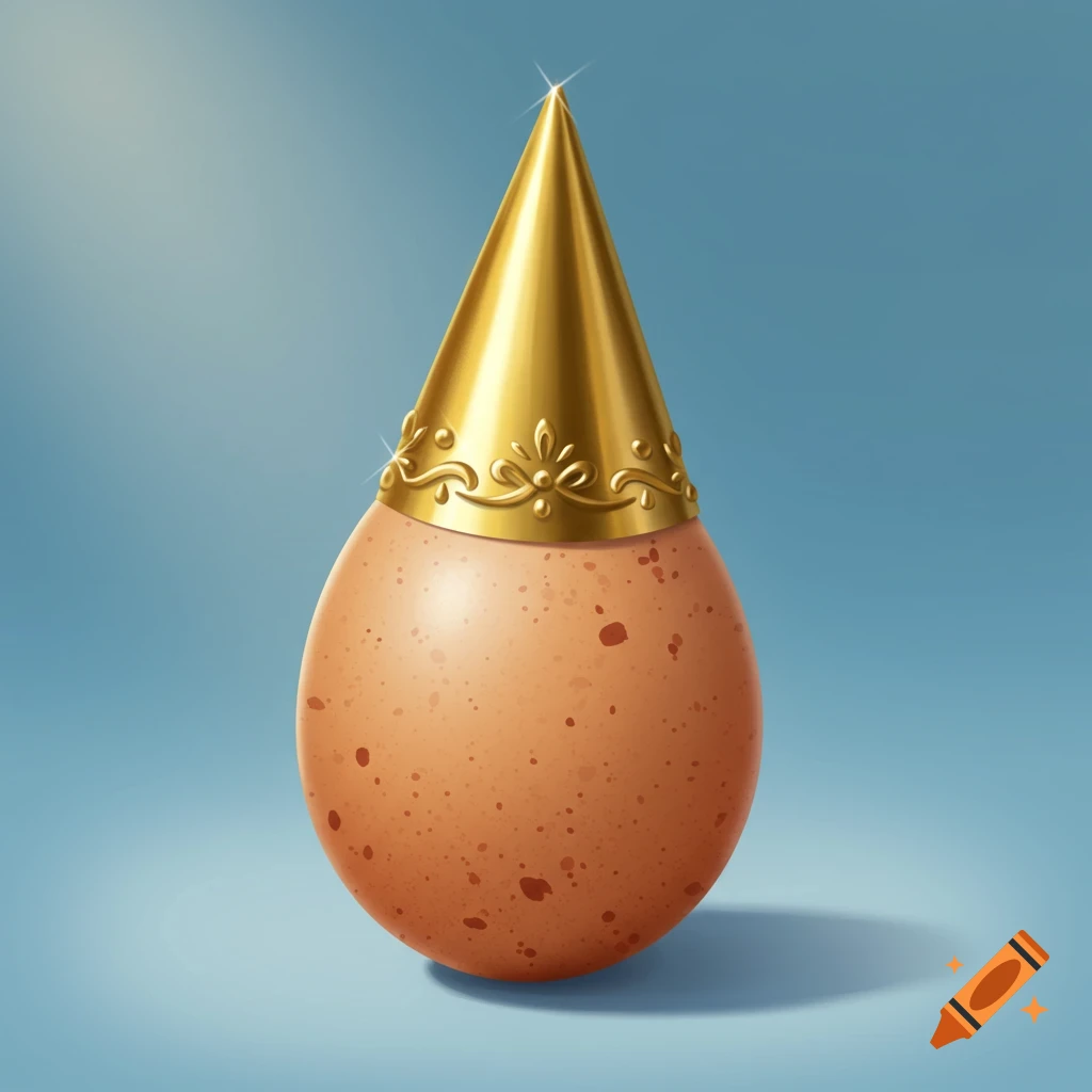 Egg wearing a golden cone hat