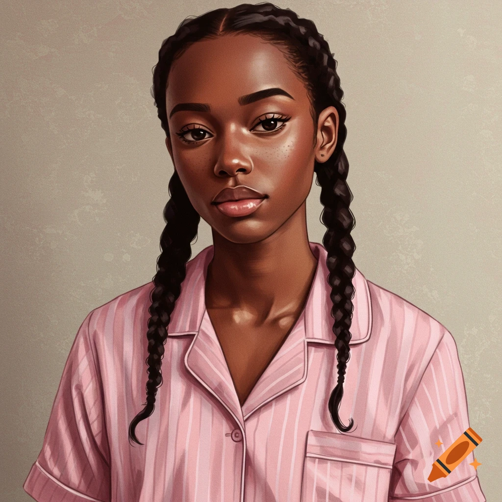 Semi-realistic digital illustration of a young Black woman with braids wearing pink striped pajamas.
