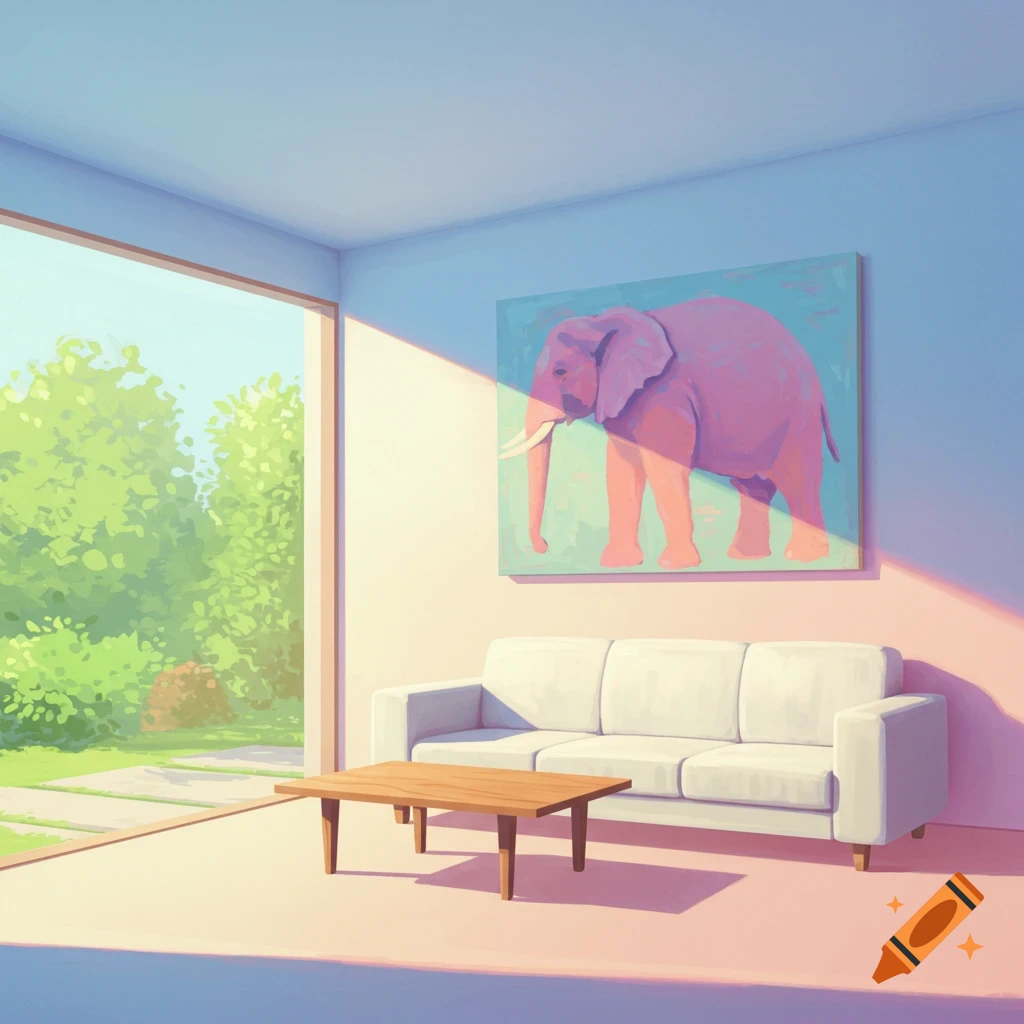 Illustrative image of a sunlit room with a white couch, coffee table, large window, and a painting of a pink elephant.