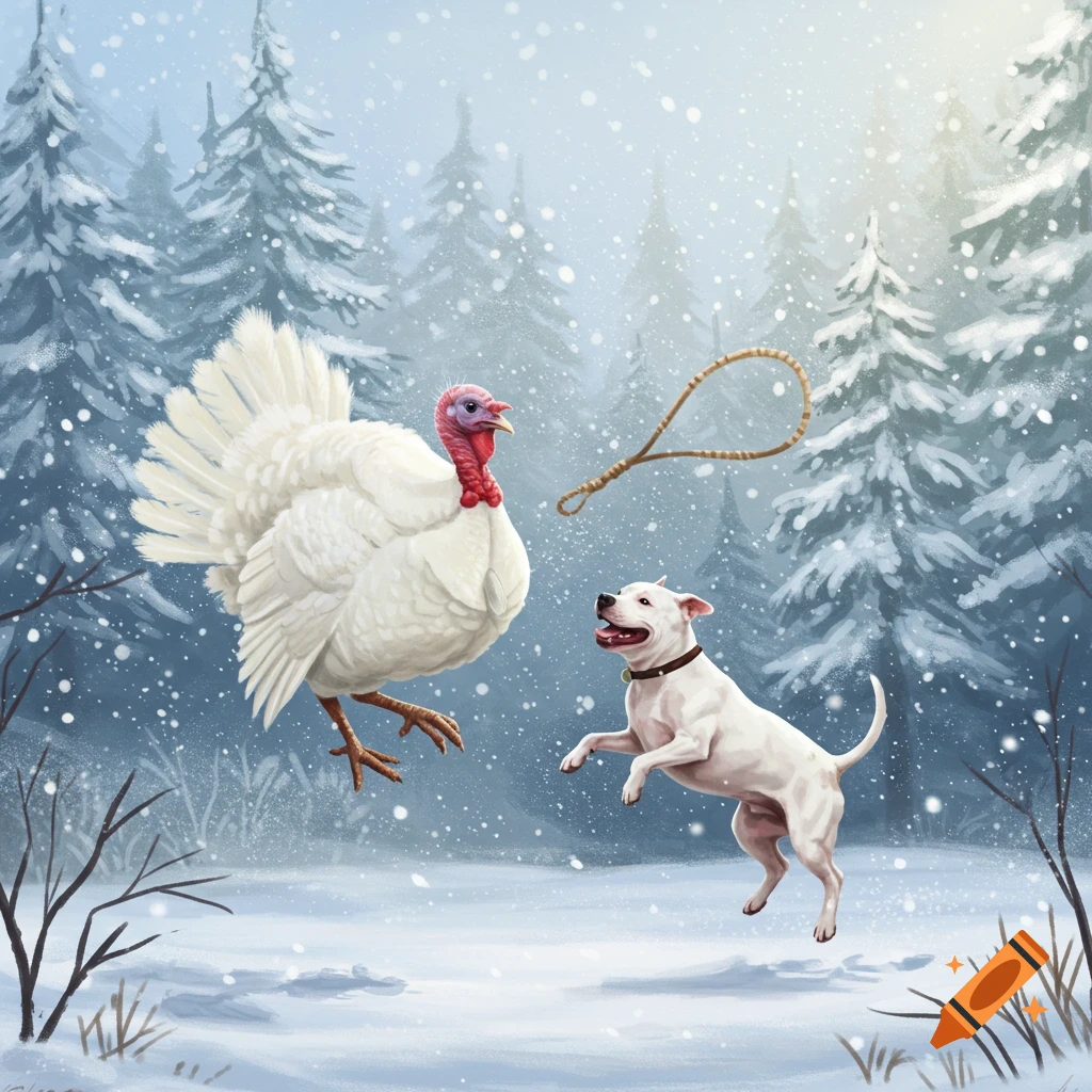 An illustration of a white turkey and a white dog jumping rope in snowy woods.