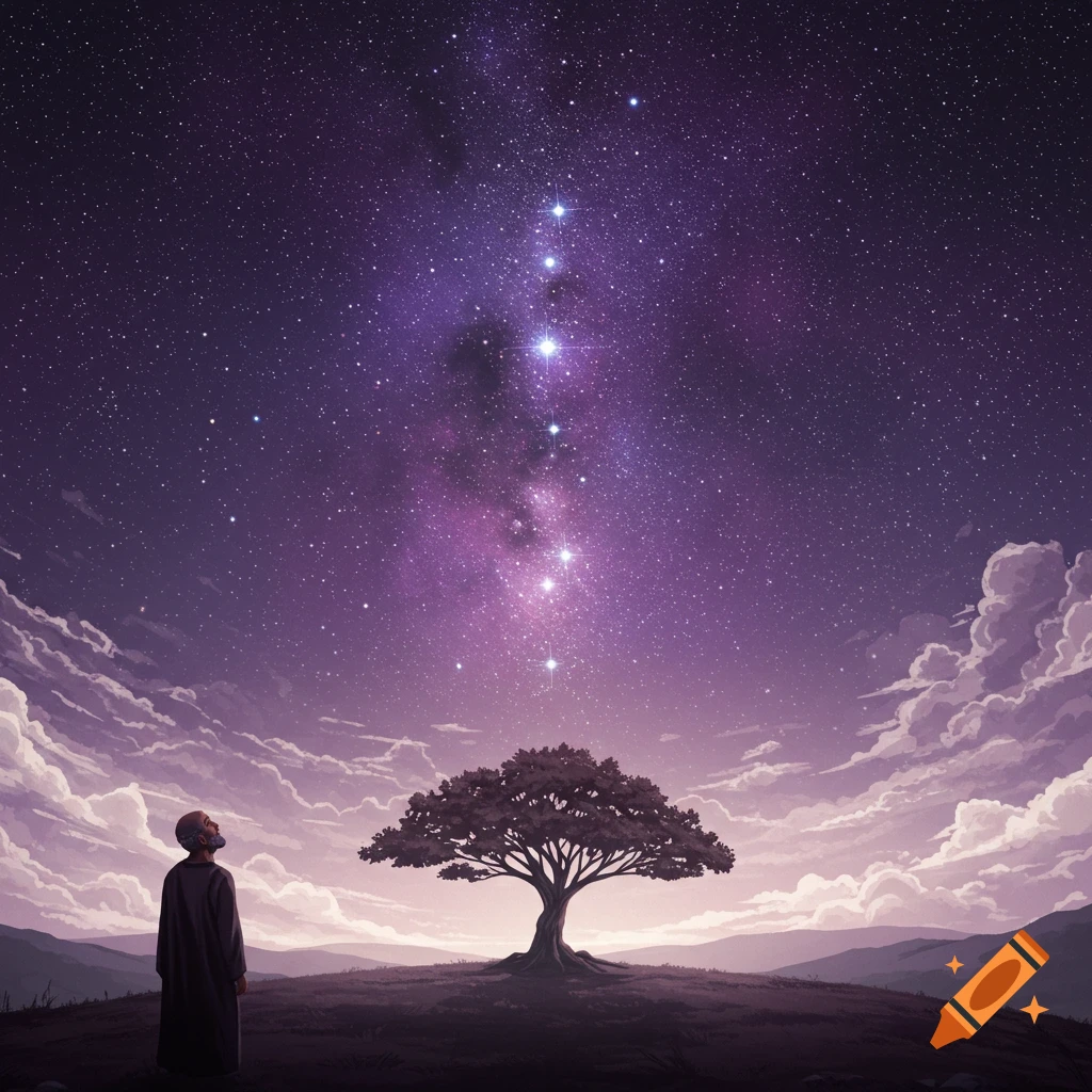 A person looks up at a purple starry sky next to a large tree.