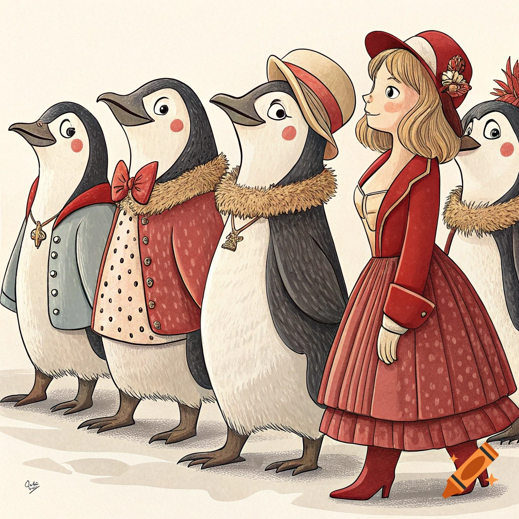 Illustration of several penguins and a person dressed in ornate clothing walking together.