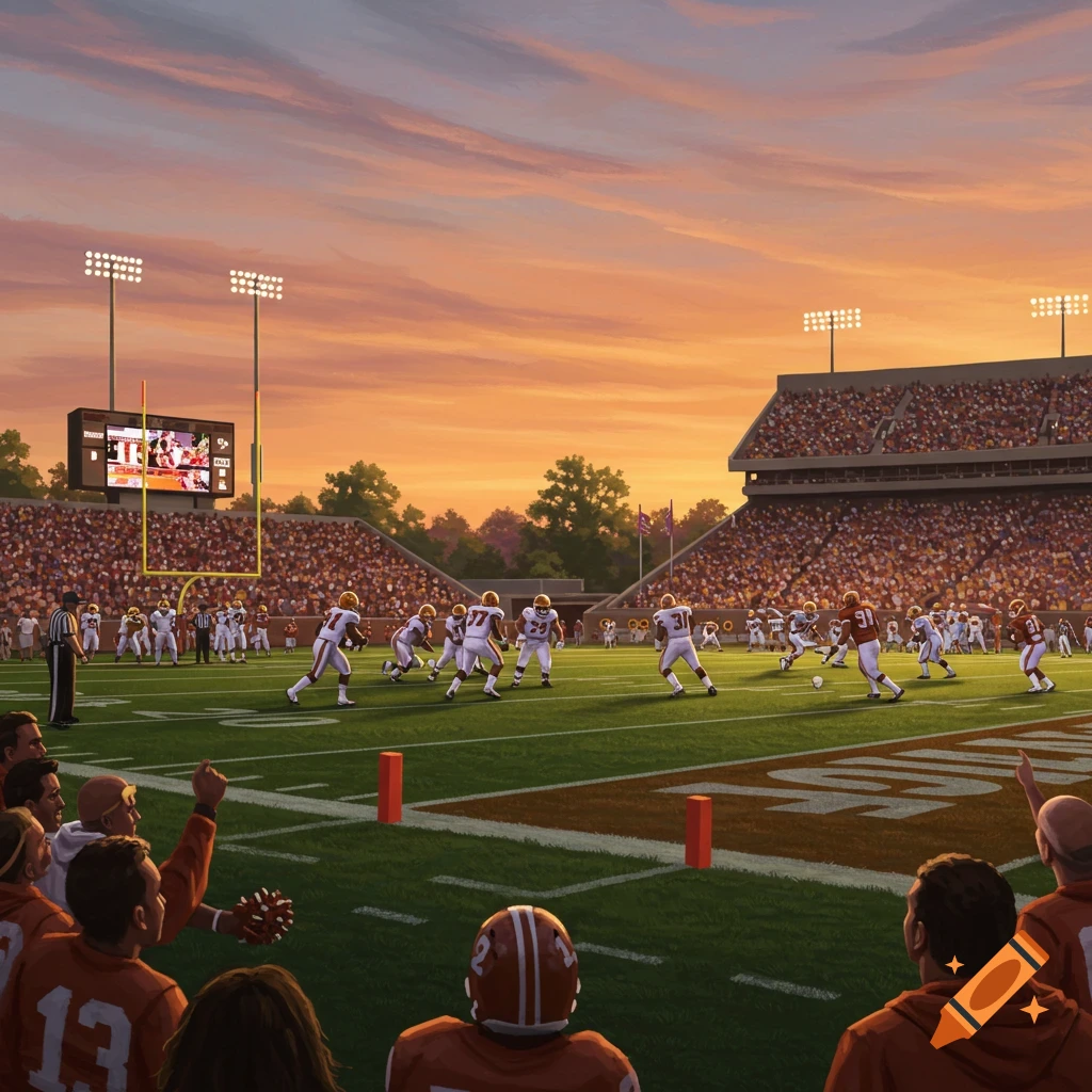 American football game in a stadium with players on the field and fans in the stands, viewed from behind spectators.