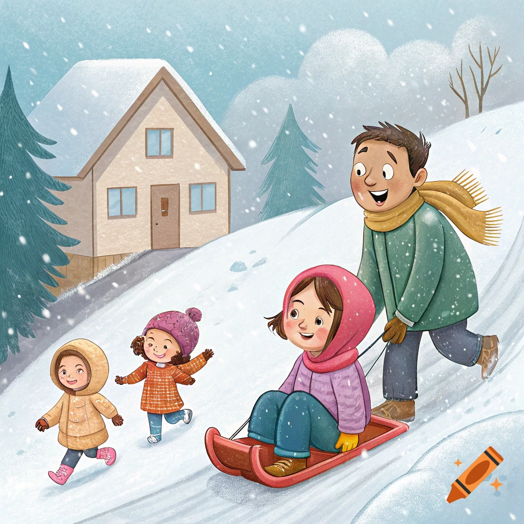 Illustration of a family sledding down a snowy hill