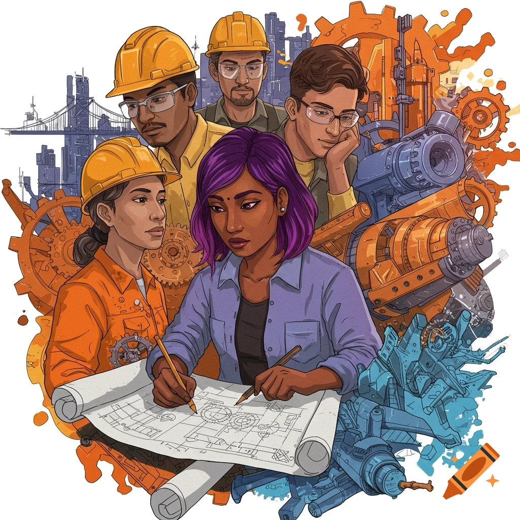 A diverse group of engineers in hard hats look at blueprints, surrounded by gears and machinery, illustration style.