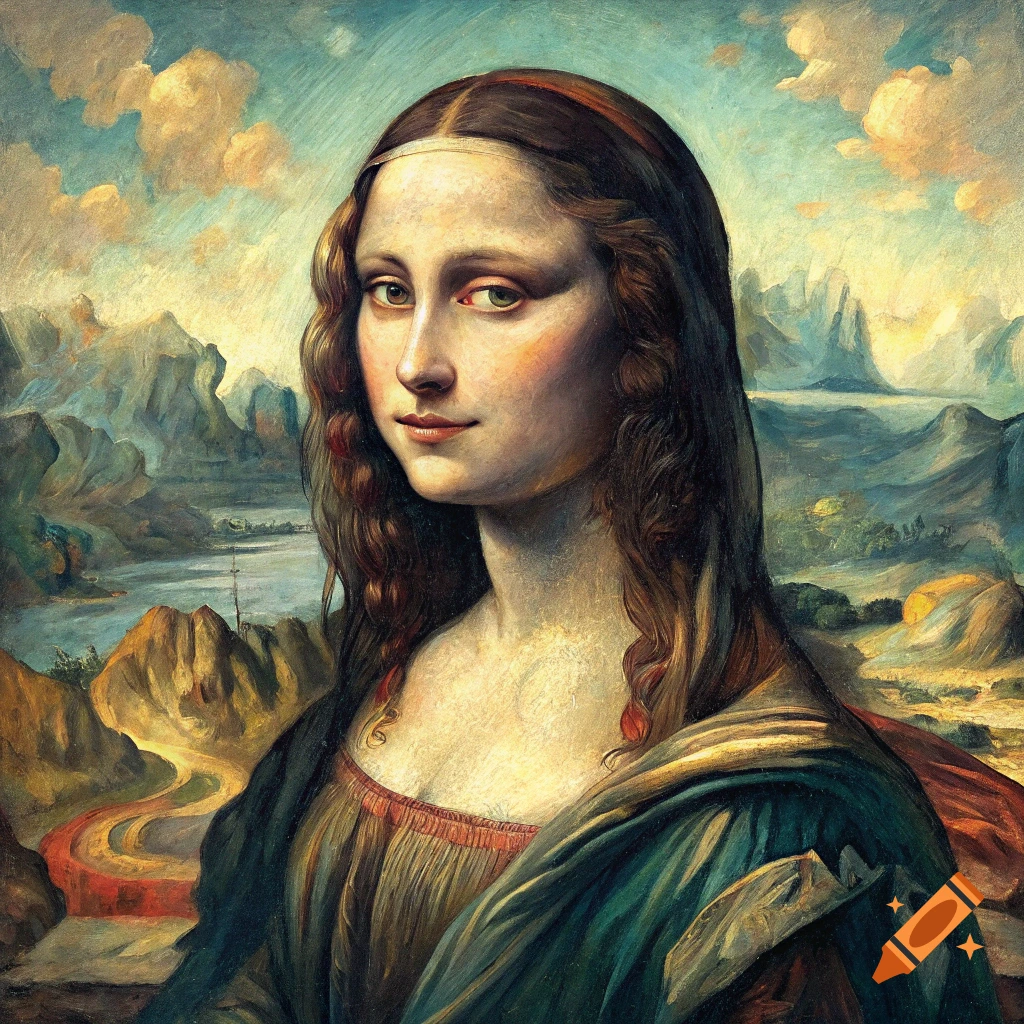 Surrealist painting of the Mona Lisa with a winding red river and mountains.