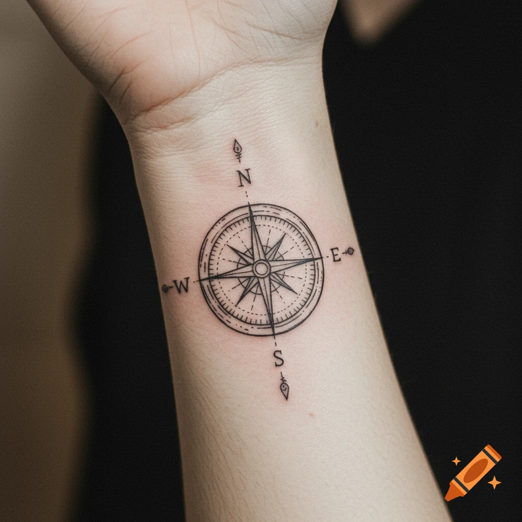 Fine line tattoo of a compass