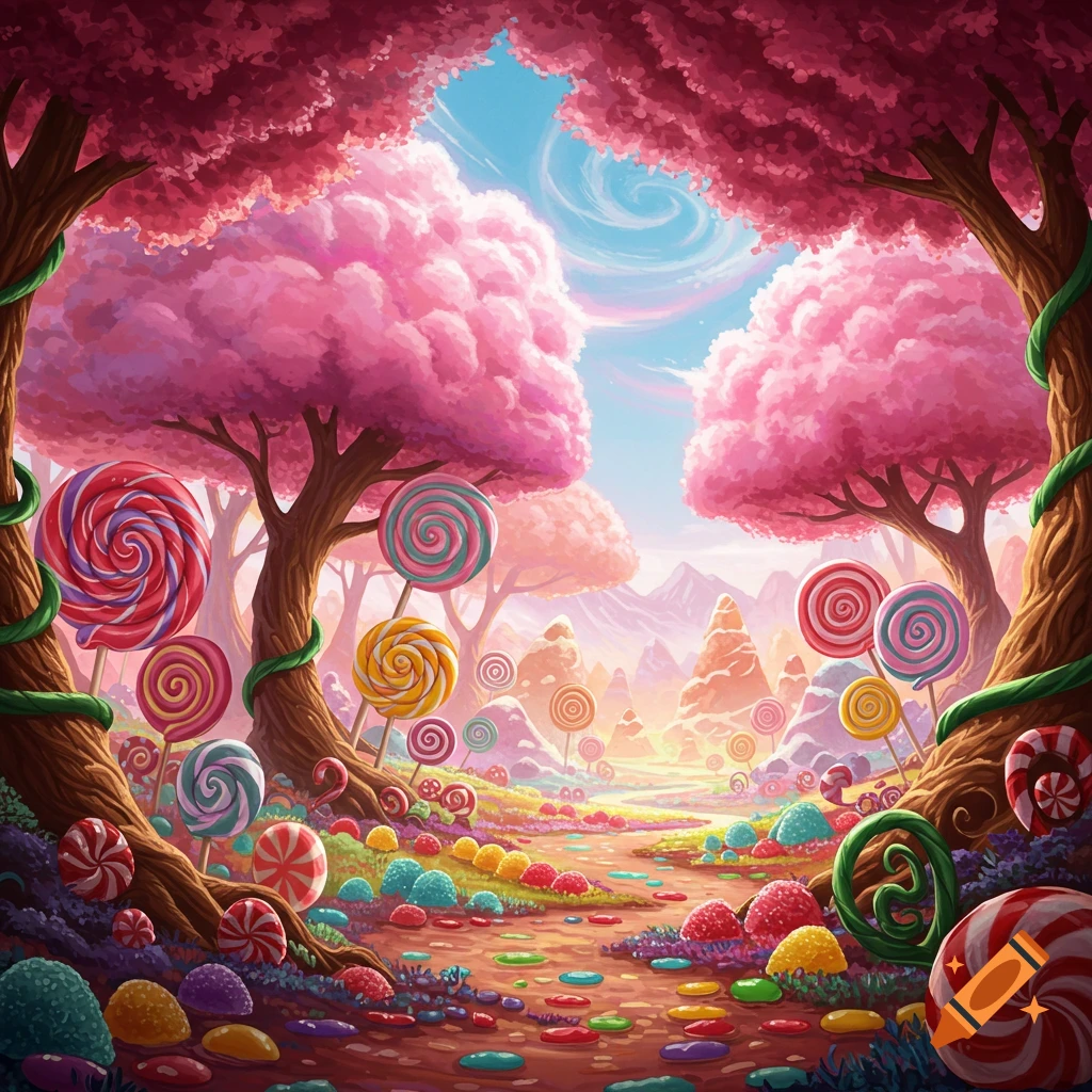 A vibrant fantasy illustration of a candy forest with pink trees, lollipops, and colorful candies on a path.