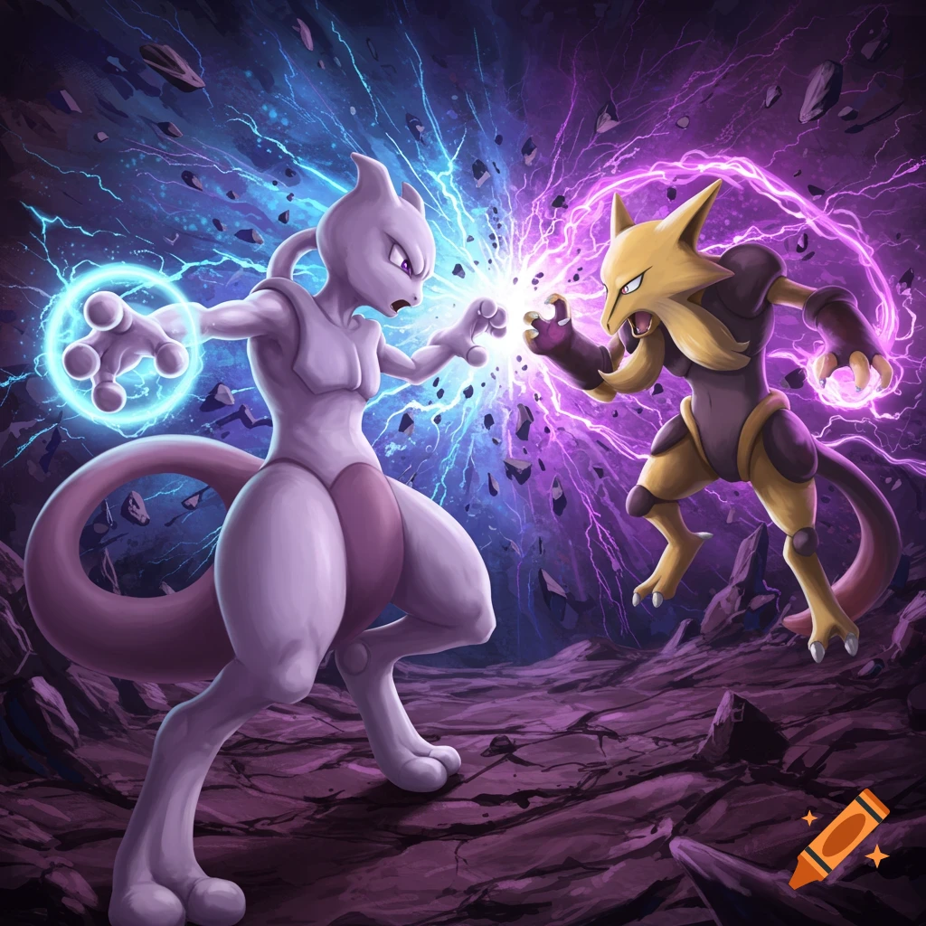 Illustrated battle between Mewtwo and Alakazam using psychic and electric energy.