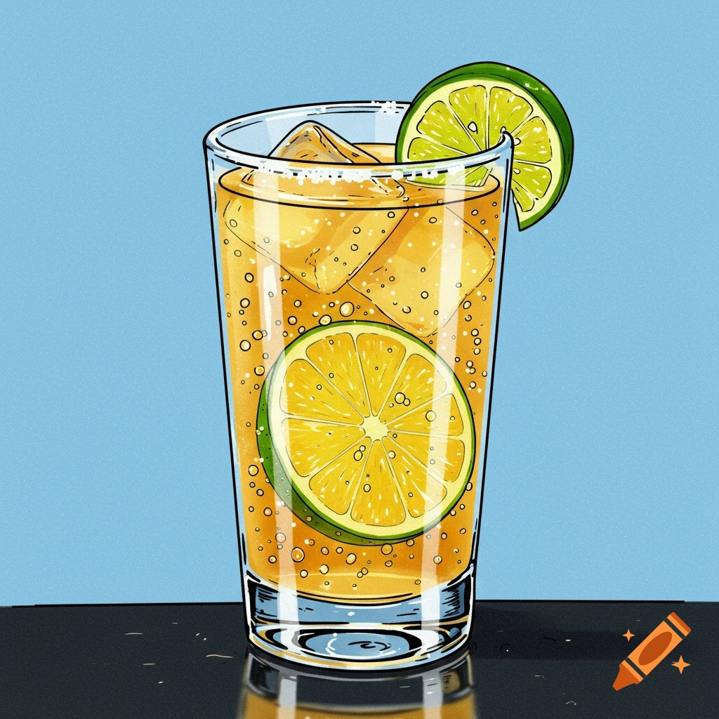 A drawing of a fizzy cocktail with lime slices in a tall glass.