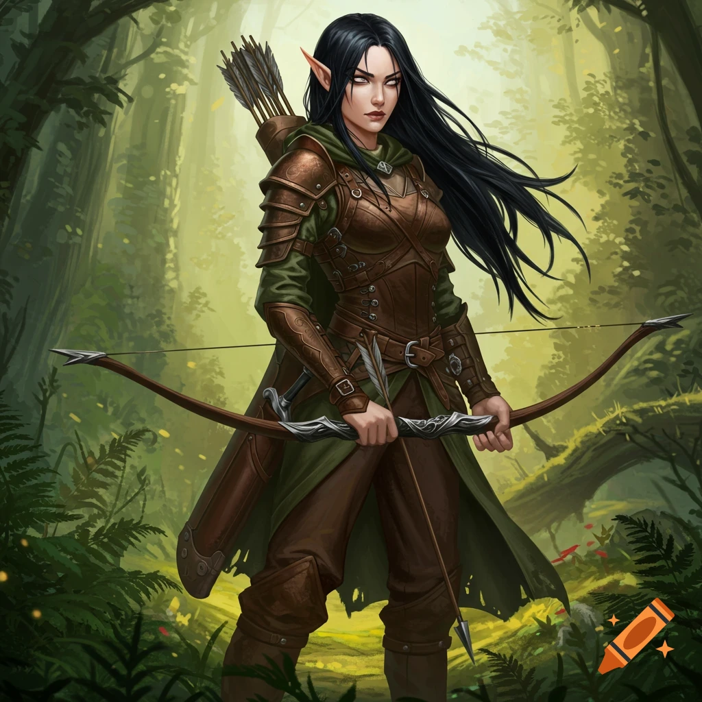 An elven huntress with raven hair in leather armor holds a longbow in a forest.