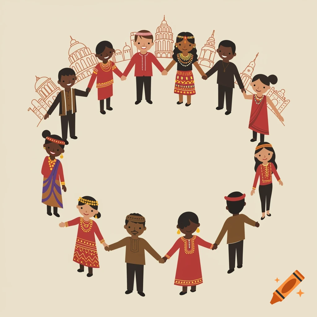 Diverse group of people holding hands in a circle, cultural backgrounds