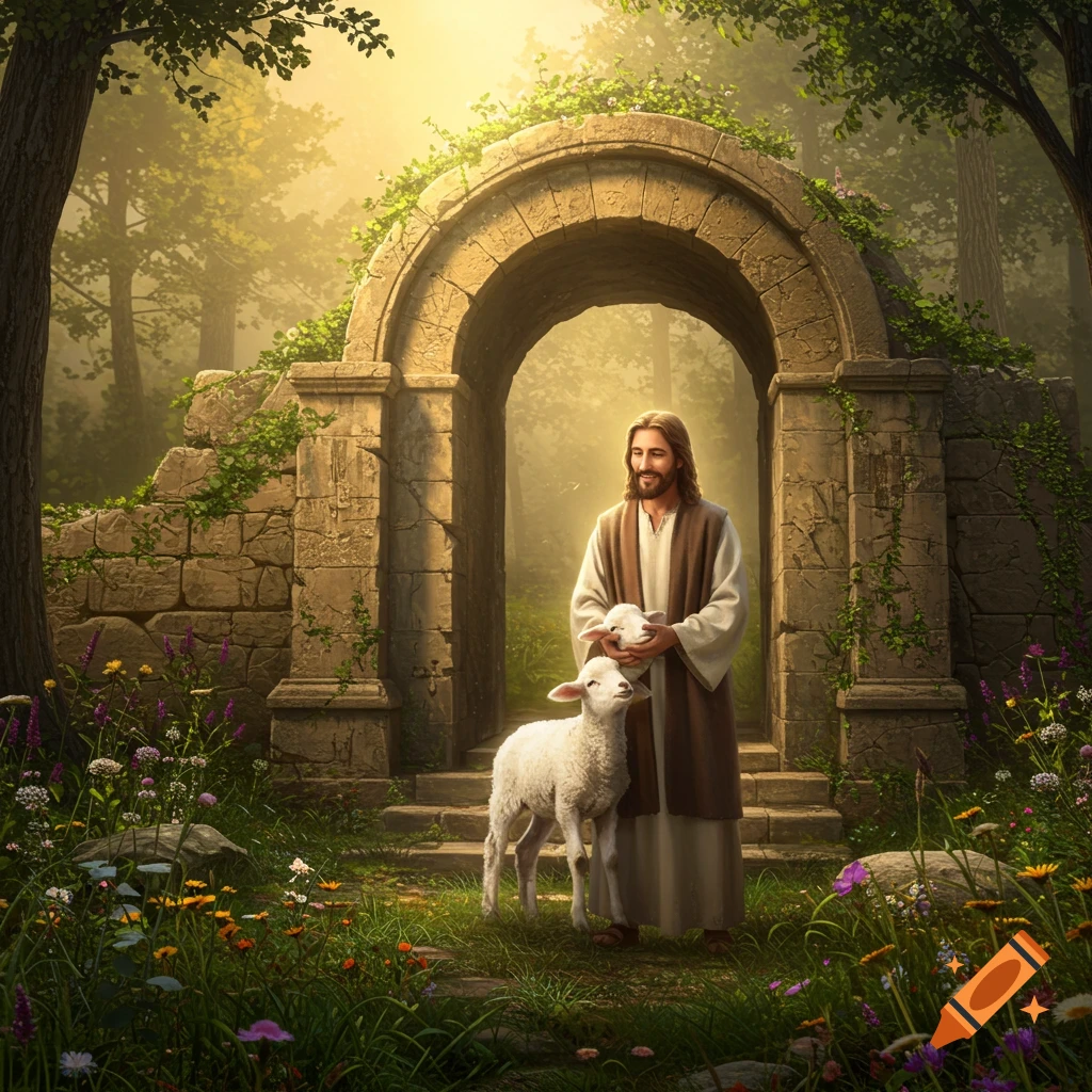 Jesus stands with lambs before a stone arch in a sunlit forest.