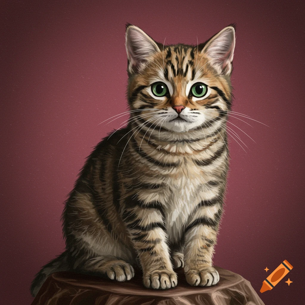 Digital illustration of a cute tabby kitten with green eyes