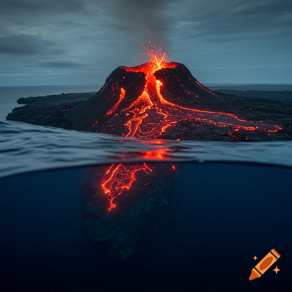 A volcano erupts red lava into the water, shown with a split-level view above and below the surface under a cloudy sky.