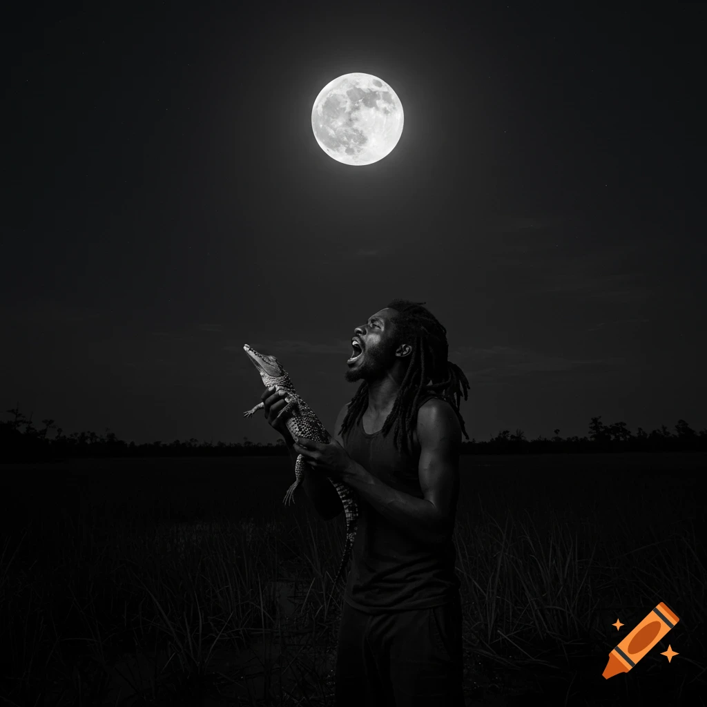 Black man with dreads holding a baby crocodile yelling at a full moon