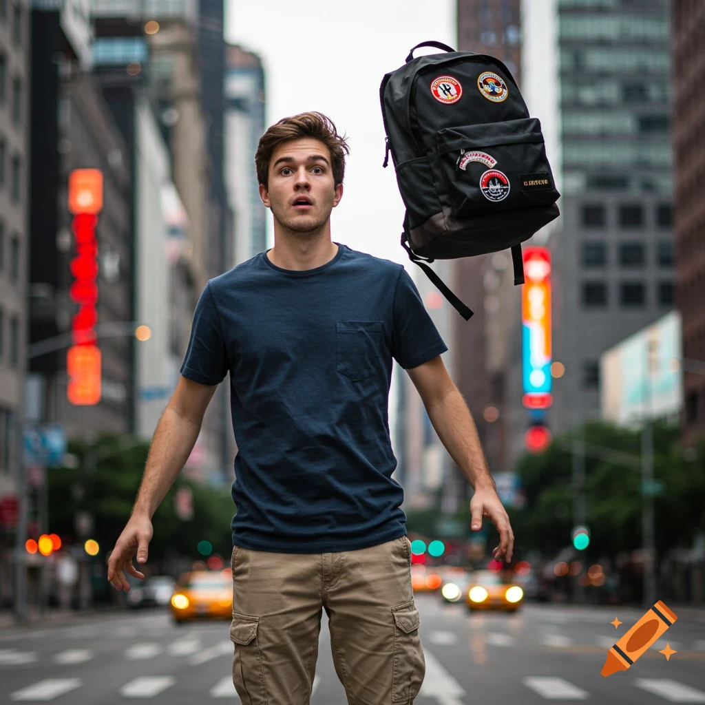 Man looking surprised on a city street with a floating backpack, photorealistic style.