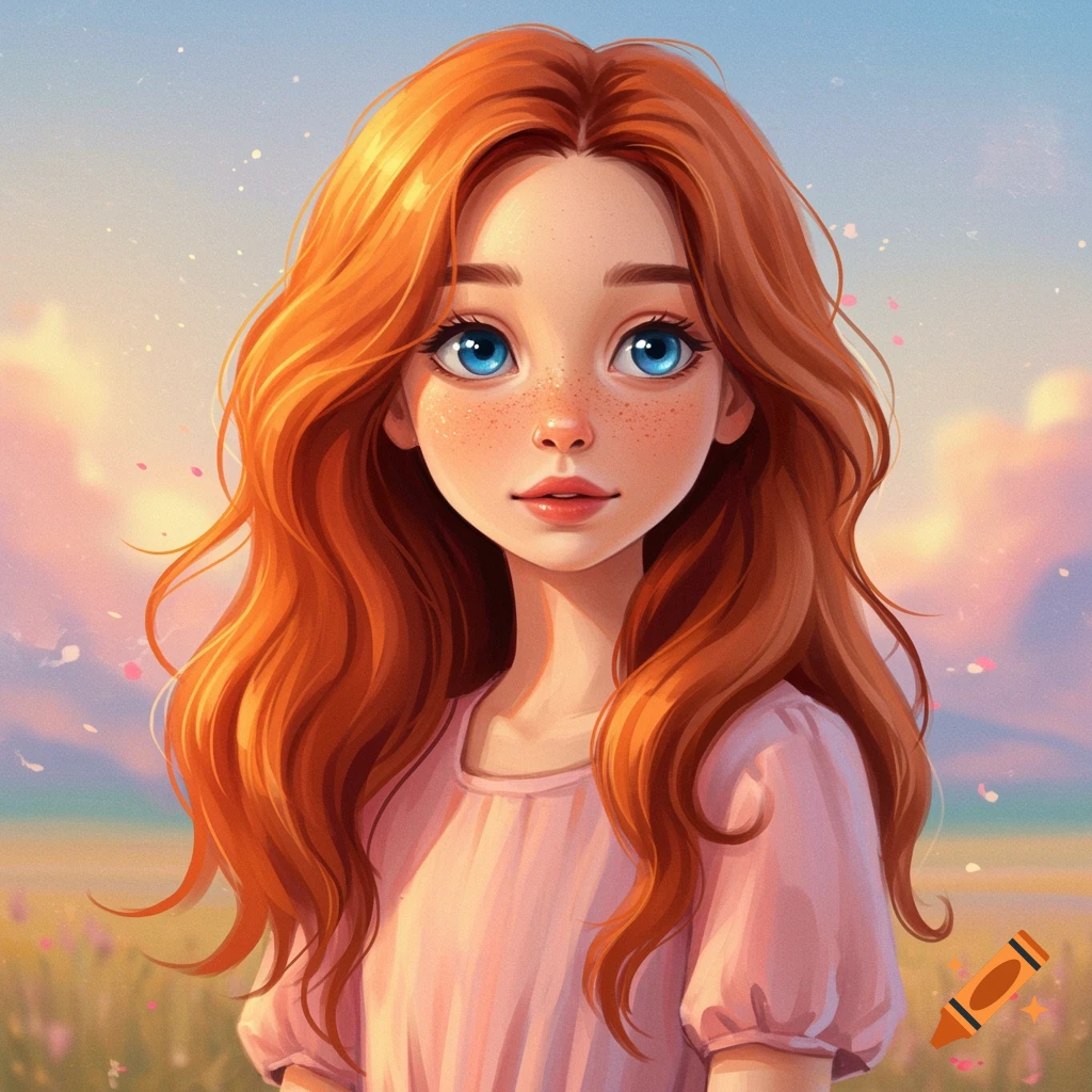 A close-up illustration of a young girl with long red hair and big blue eyes standing in a field.