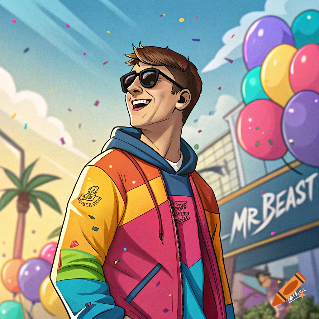 Cartoon of MrBeast smiling in a colorful jacket with sunglasses amidst confetti and balloons, with a 'MR BEAST' sign in the background.