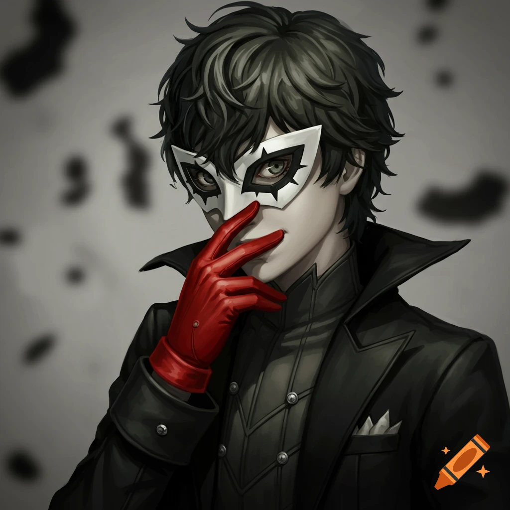 Stylized illustration of Persona 5 character Joker in mask and suit covering his mouth with a red-gloved hand.