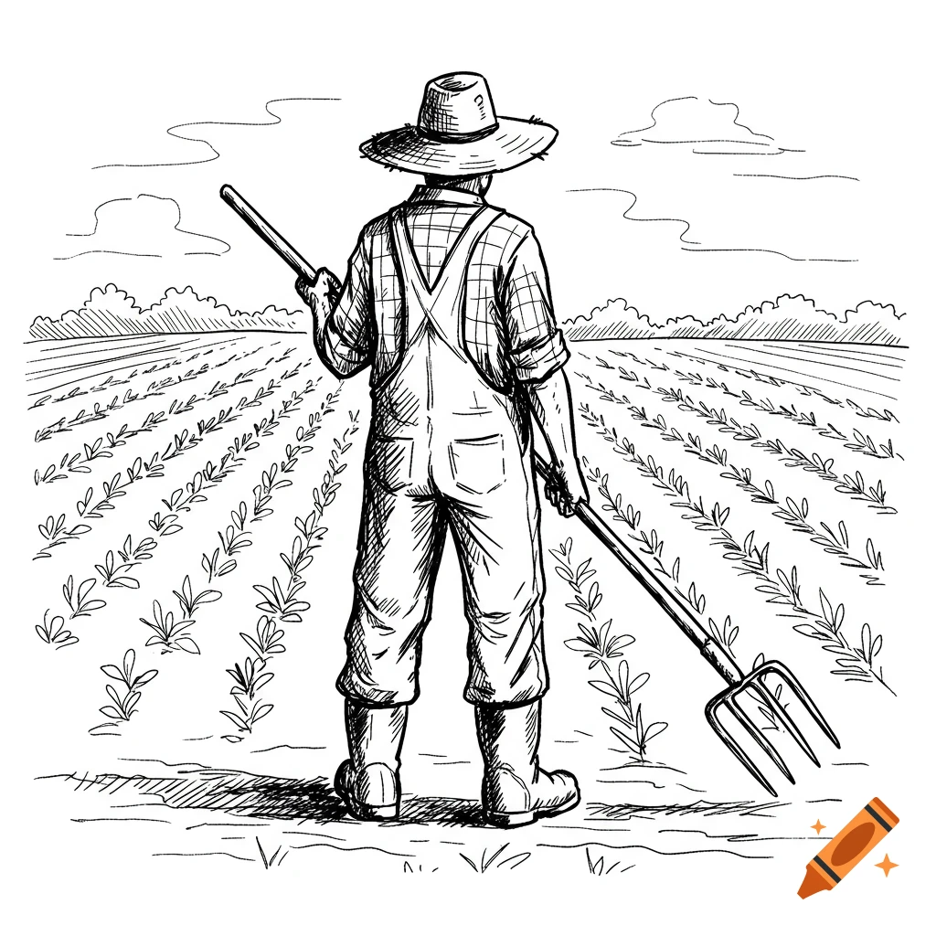 A black and white sketch of a farmer wearing a hat and overalls, standing in a field holding a pitchfork, viewed from behind.