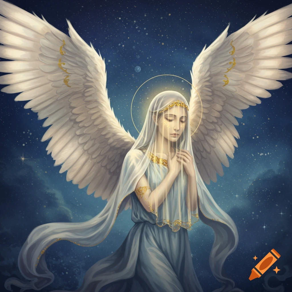 A veiled angel with large white wings against a starry sky.