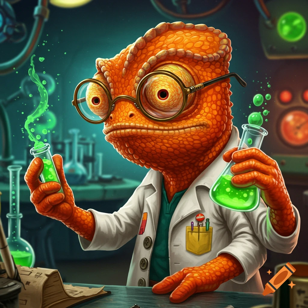 A cartoon orange chameleon wearing glasses and a lab coat holds two beakers of glowing green liquid in a science lab.