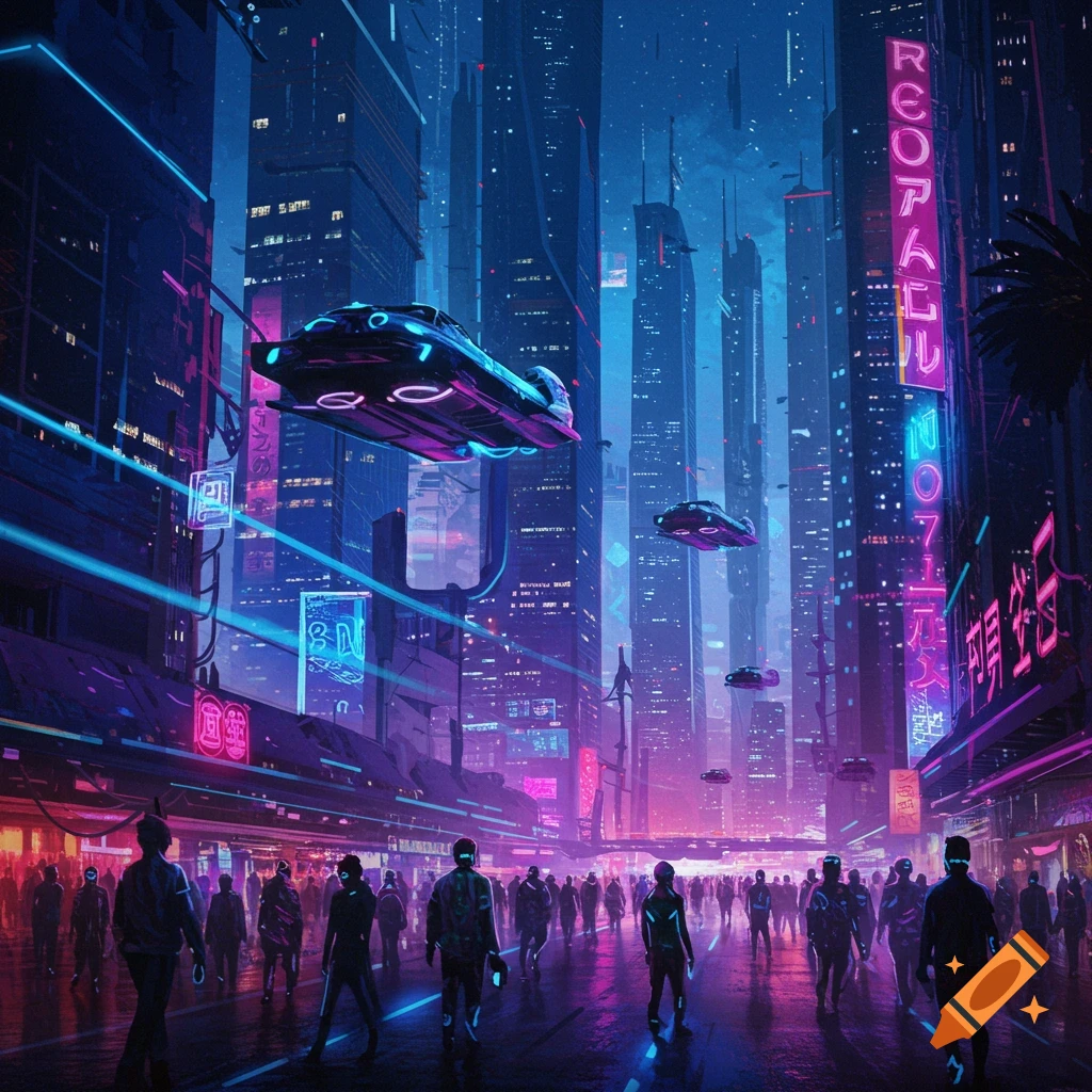 A bustling futuristic cyberpunk city street scene at night with neon signs, flying vehicles, and crowds of people.