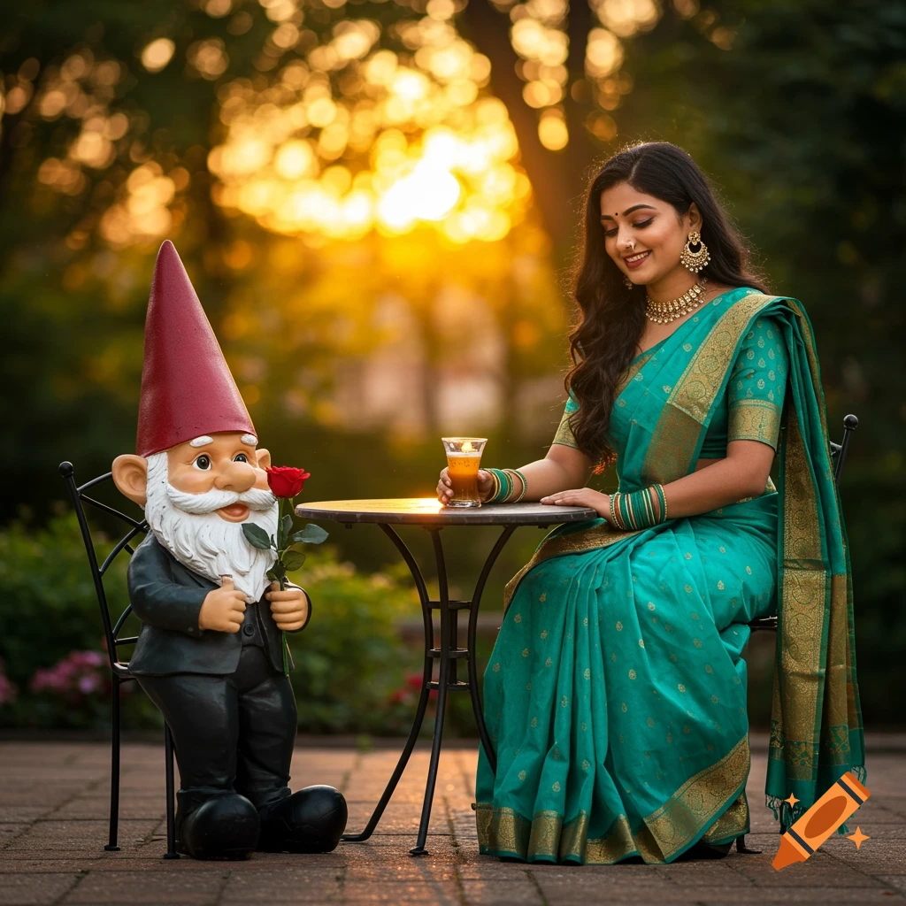 A woman in a green saree sits at a table outdoors while a garden gnome offers her a rose.