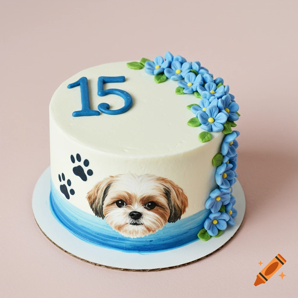 A decorated cake with a Shih tzu face, paw prints, blue flowers, and the number 15.