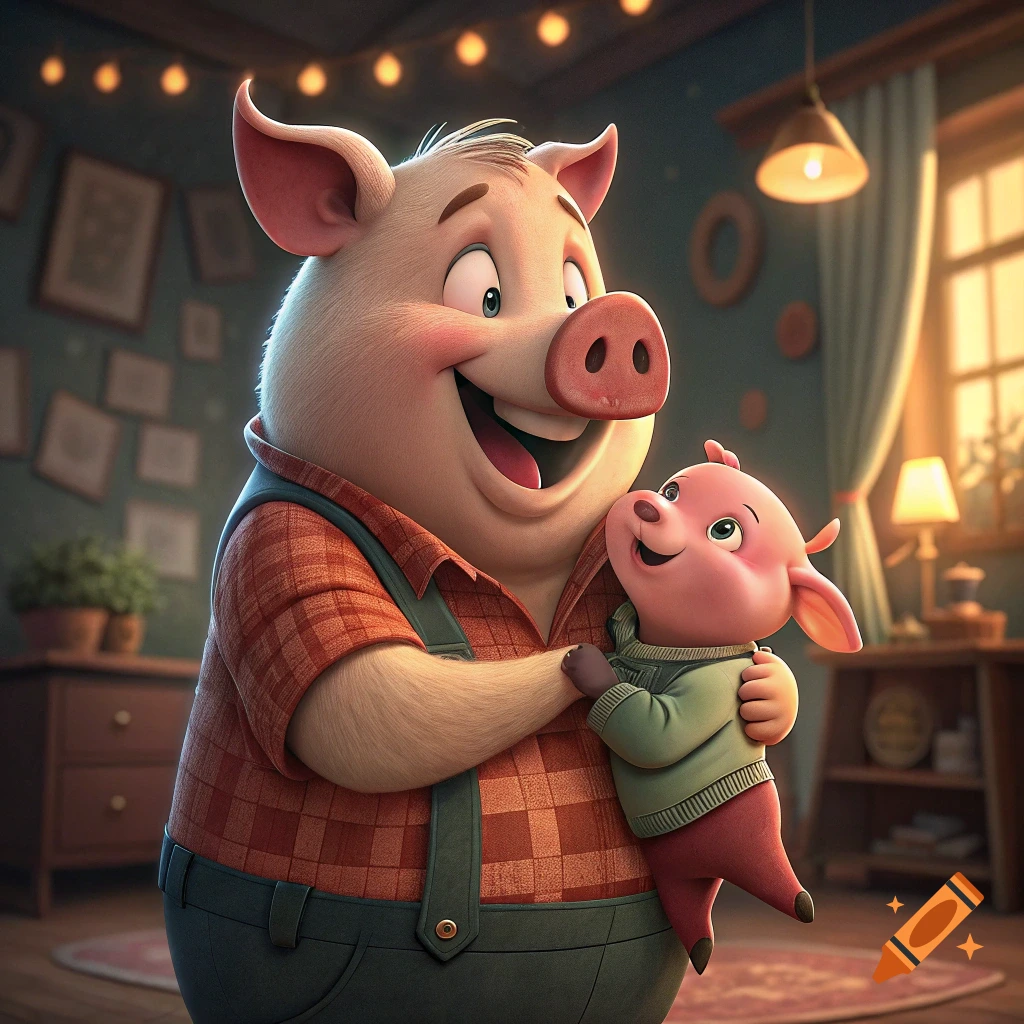 A large, happy cartoon pig in overalls holds a smaller cartoon pig in a cozy room.