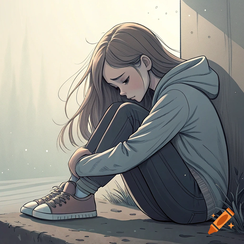 Anime style illustration of a sad girl with long hair sitting alone, hugging her knees.