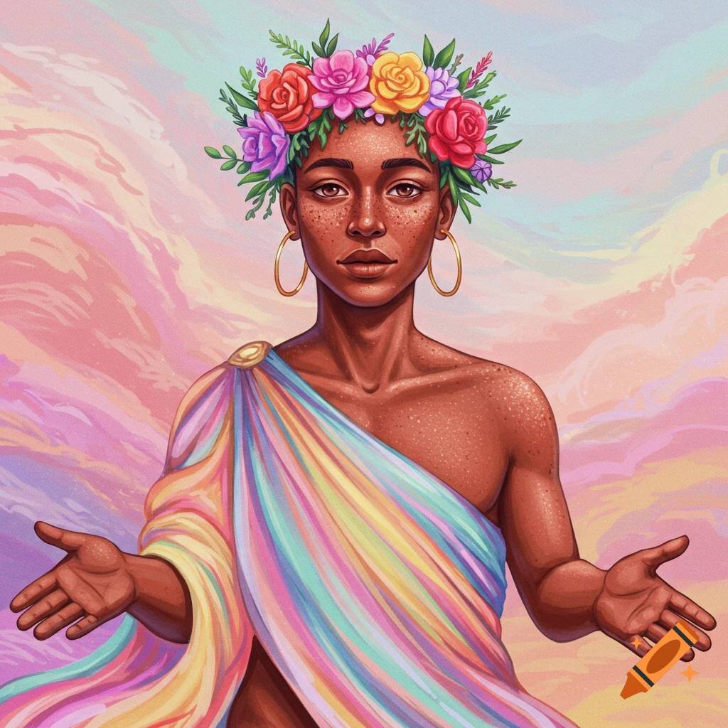 A person wears a flower crown and colorful draped cloth against a pastel sky.
