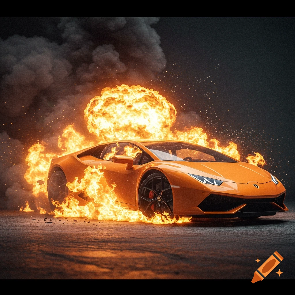 Orange Lamborghini engulfed in fire and smoke