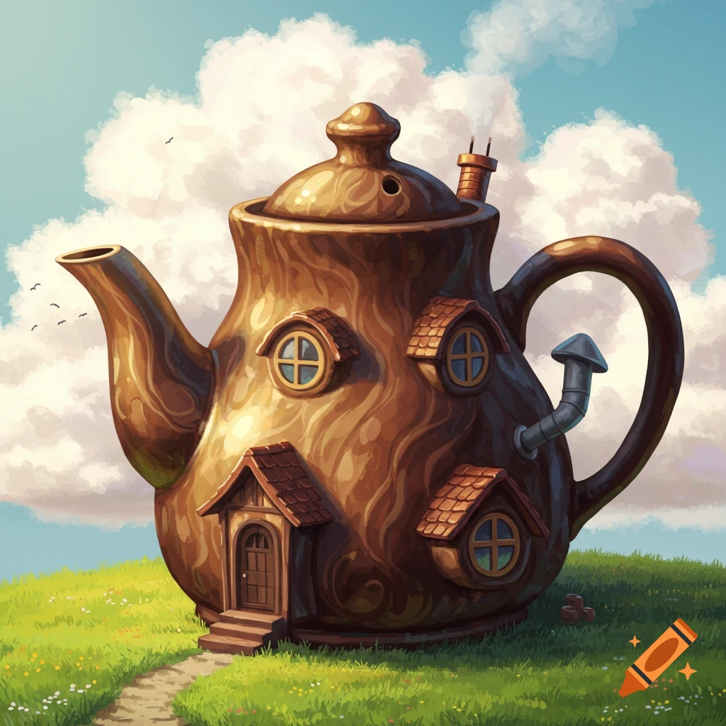 Illustration of a large, tree-like teapot house on a grassy hill under a cloudy sky.