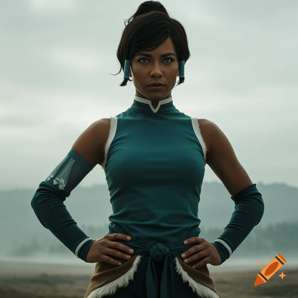 Photorealistic portrait of a woman in a Korra-like costume with hands on hips