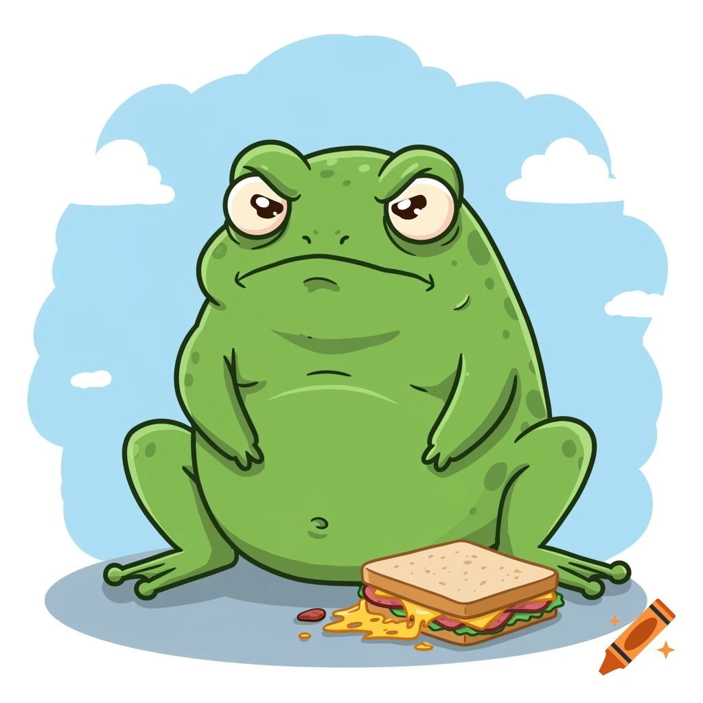 Cartoon frog looking angry next to a dropped sandwich.