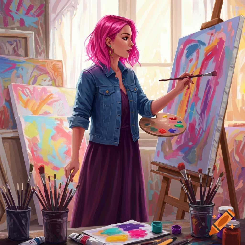 A woman with pink hair paints abstract art in a sunlit studio, surrounded by canvases and art supplies.