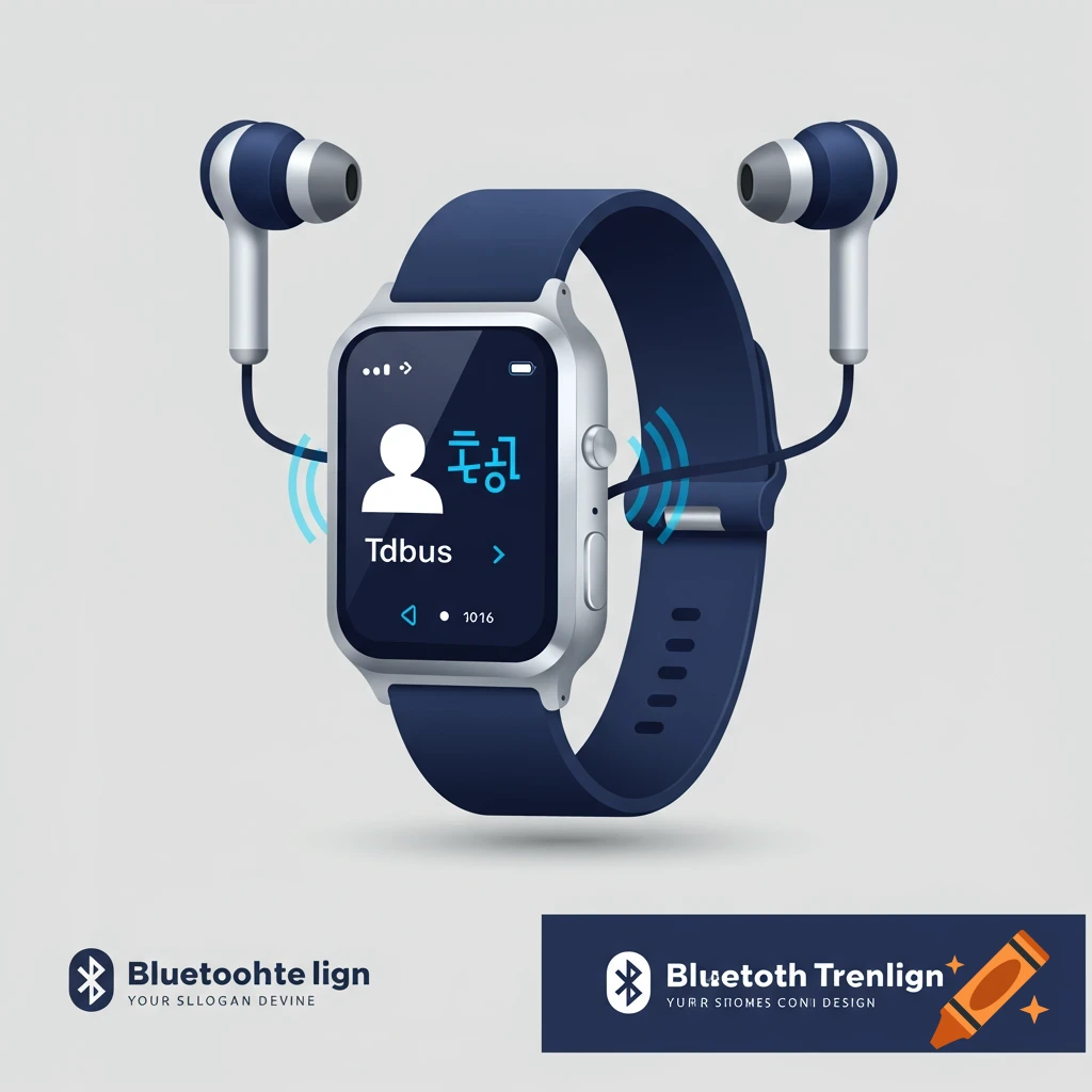 A silver smartwatch with a blue band and wireless earbuds.