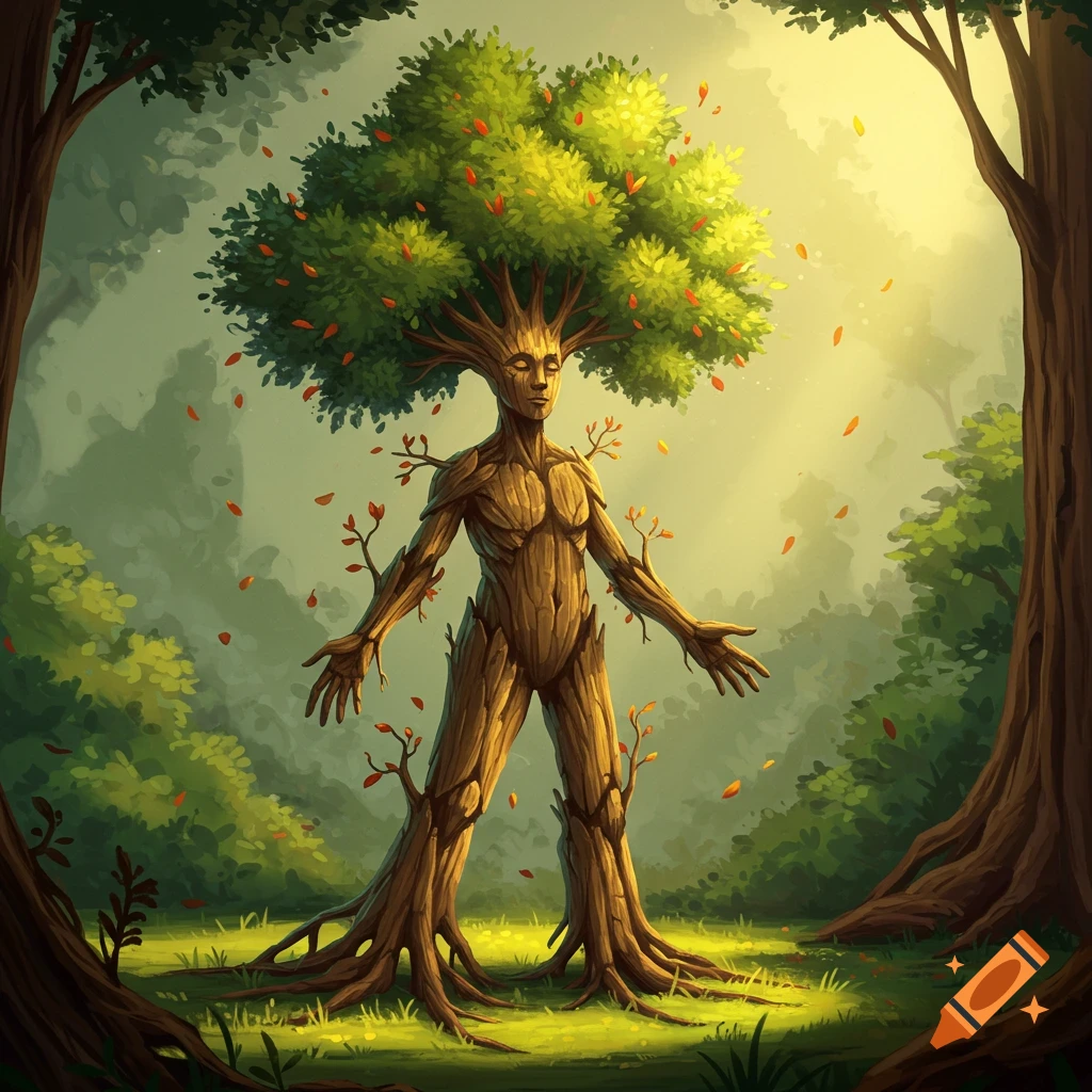 Illustration of a tree creature standing in a sunlit forest clearing with falling leaves.